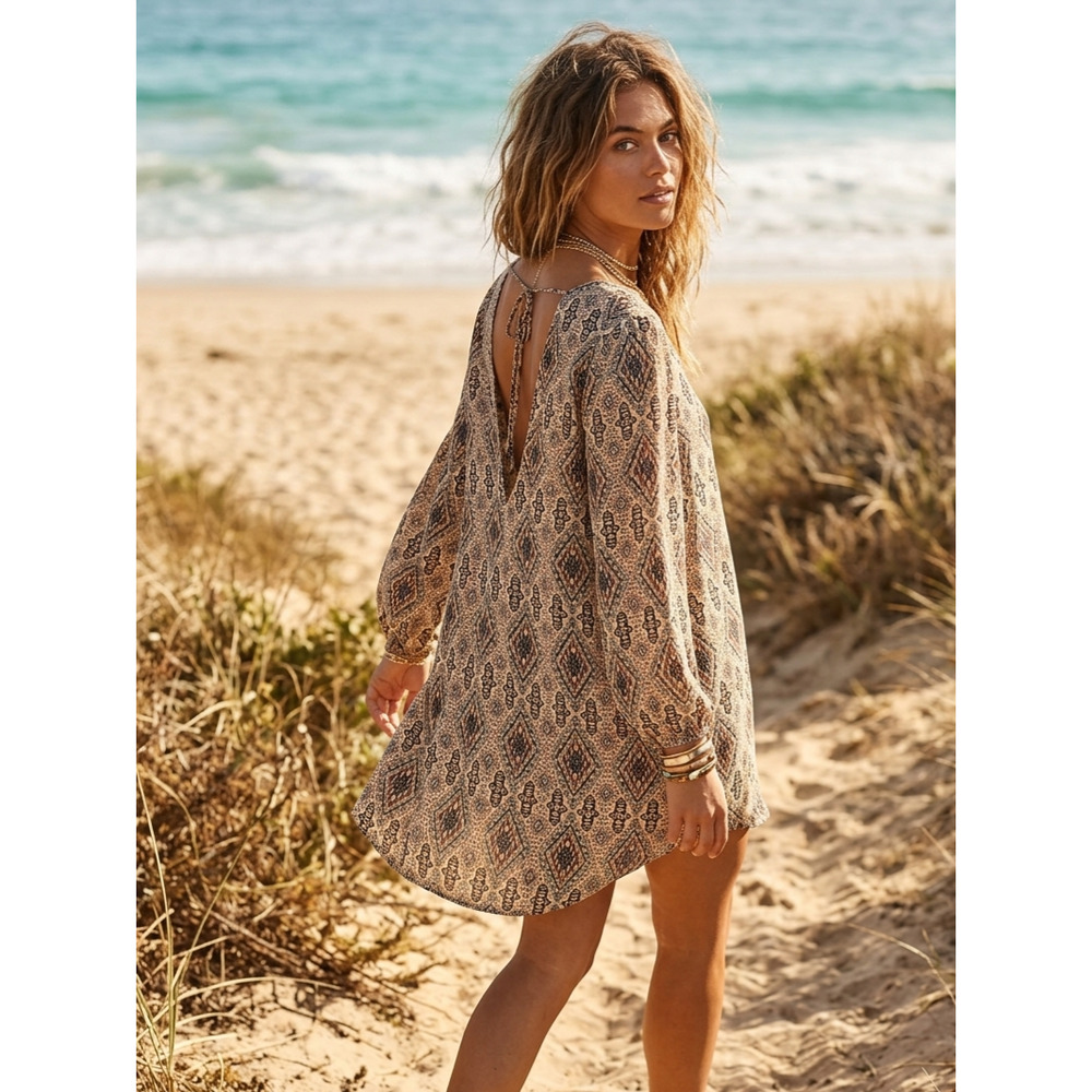 Amuse Society Boho Tribal Geometric Print V-Back Mini Dress M